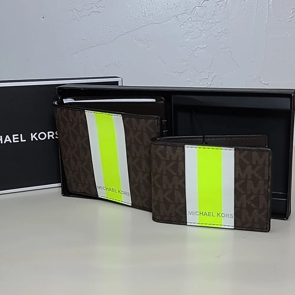 Michael Kors Men's 3 in 1 Wallet Box Set BROWN/NEON